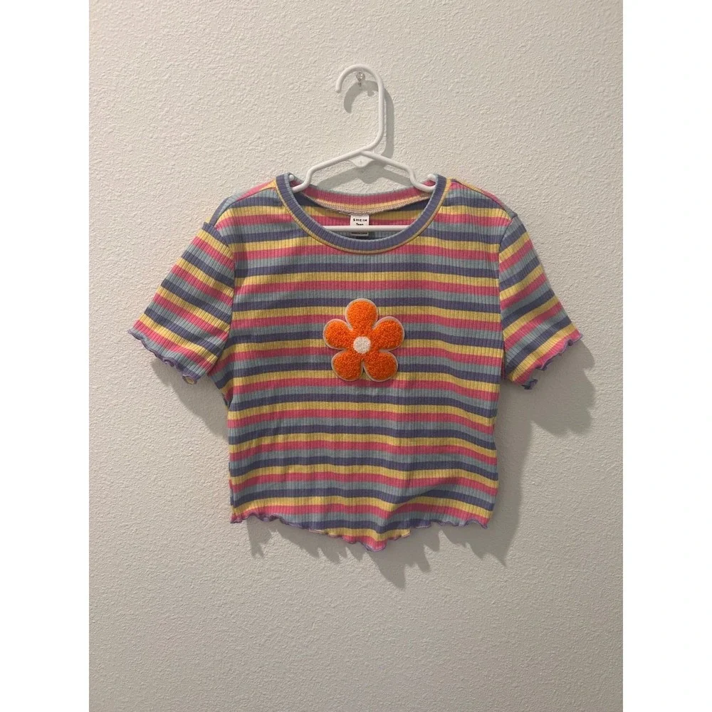 SHEIN Teen Girls Striped Ribbed Knit‎ Flower Patch Lettuce Edge Tee Shirt 12-13Y